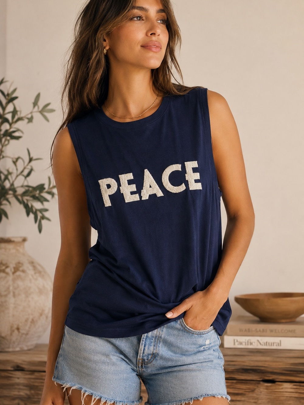 Spiritual Gangster PEACE Muscle Tank Navy Cotton Modal XL Graphic Top